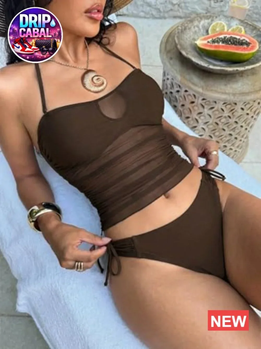 Women's Halter Tankini Swimsuit Ruched Drawstring Mesh Bandeau Bathing Suits 2